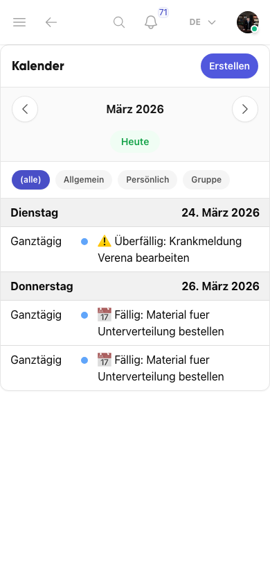 Aktuelle Kalenderansicht innerhalb einer Gruppe in Kibi Connect