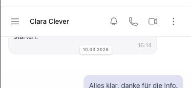 Chat-Kopfbereich in Kibi Connect mit Anruf- und Videoanruf-Aktionen