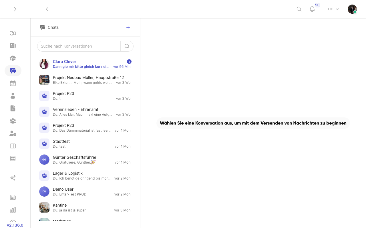 Chat-Übersicht in Kibi Connect mit Konversationsliste