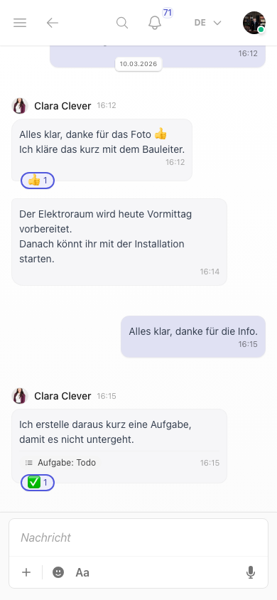 Reaktionen und Aufgabenhinweis im Chat von Kibi Connect
