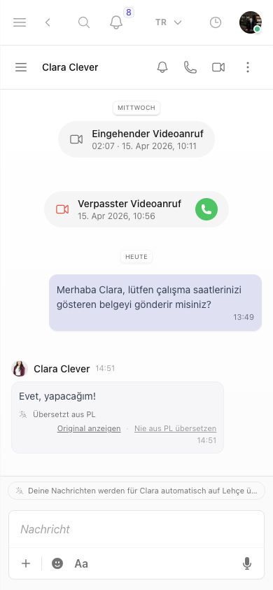 Automatisch aus dem Polnischen übersetzte Chat-Nachricht in Kibi Connect auf dem Smartphone