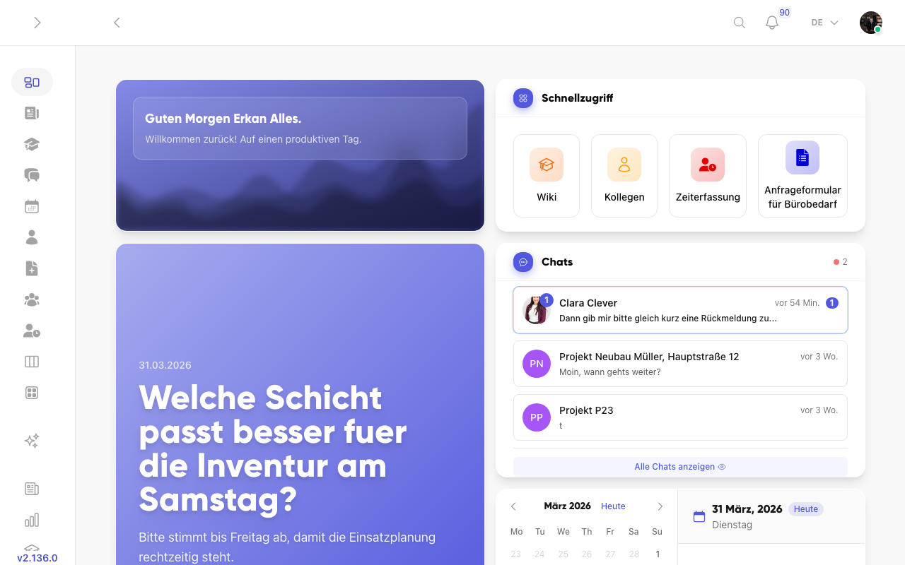 Dashboard in Kibi Connect mit Schnellzugriff, Chats und Kalender