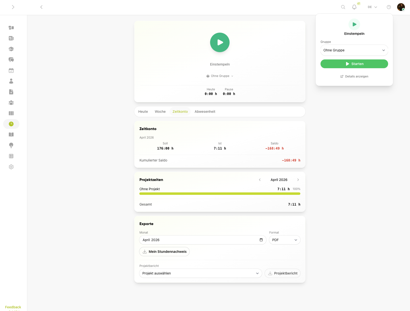 Zeiterfassung mit Exportbereich für DATEV und Lohnbuchhaltung in Kibi Connect