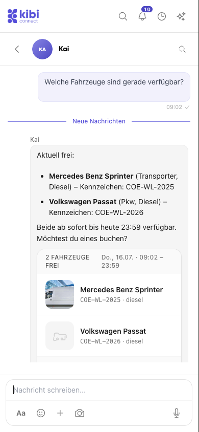 AI assistant Kai handling tasks such as booking a vehicle in Kibi Connect