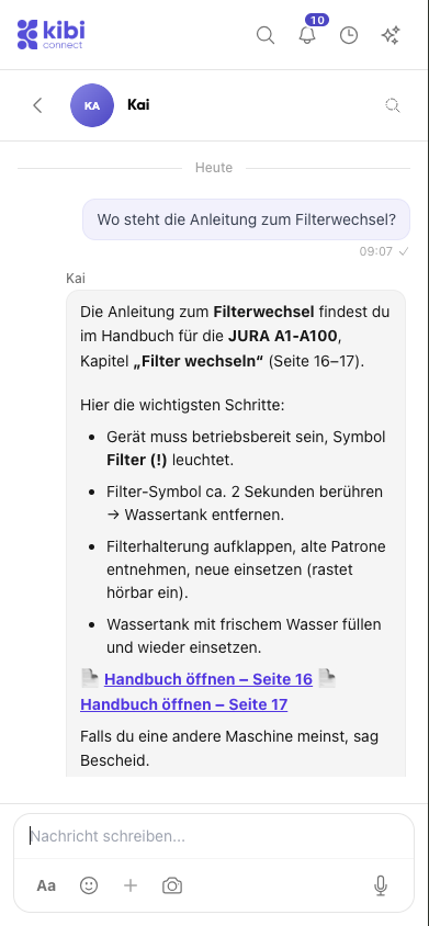 AI assistant Kai searching the wiki and manuals in Kibi Connect