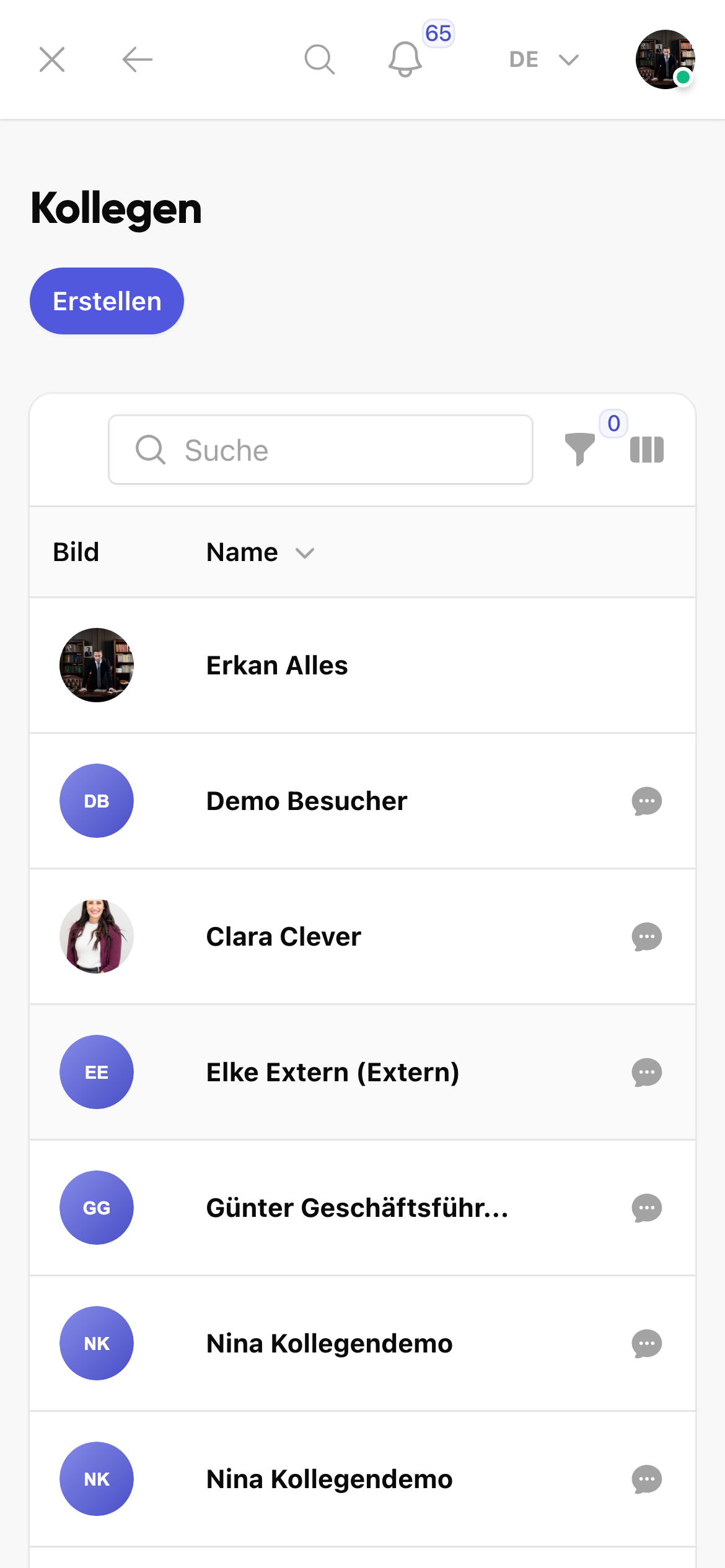 Suche und Filter in der Kollegenübersicht
