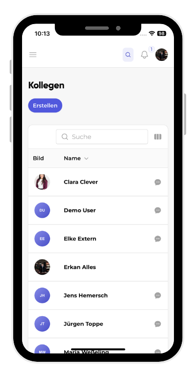 Kibi Connect Mitarbeiterverzeichnis mit Profilfotos, Kontaktdaten und Abteilungen