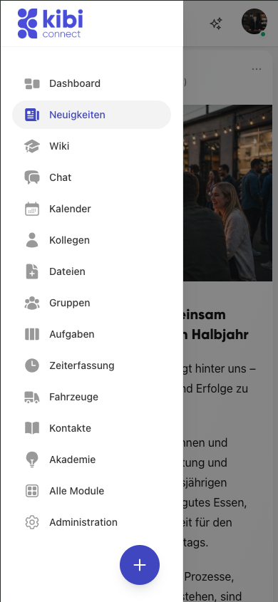Menüansicht der Kibi Connect App auf einem Smartphone