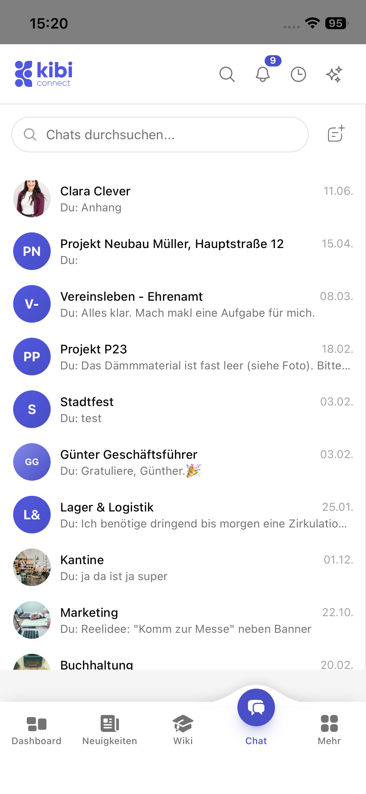 Kibi Connect chat overview with 1:1 and group chats in a secure environment