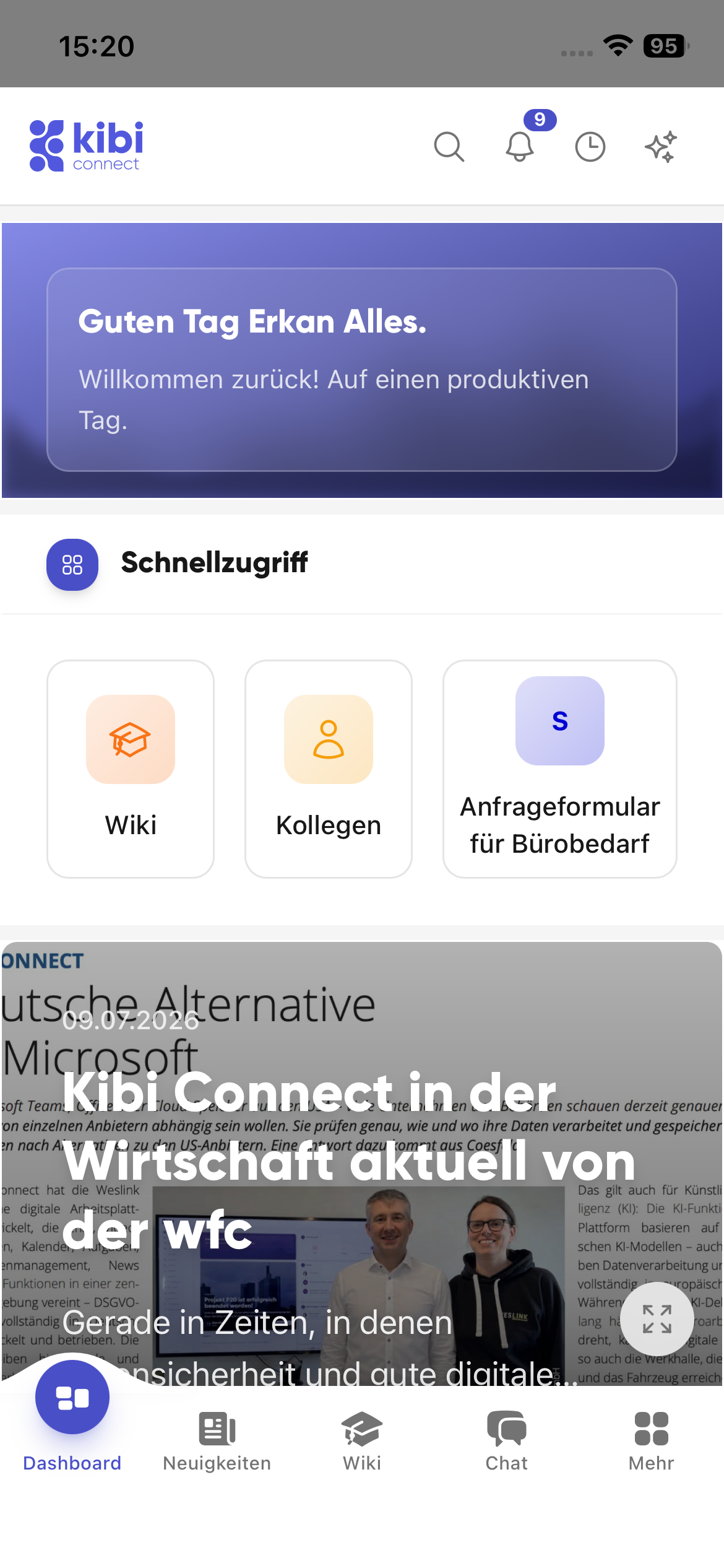 Kibi Connect dashboard with news, appointments and tasks at a glance