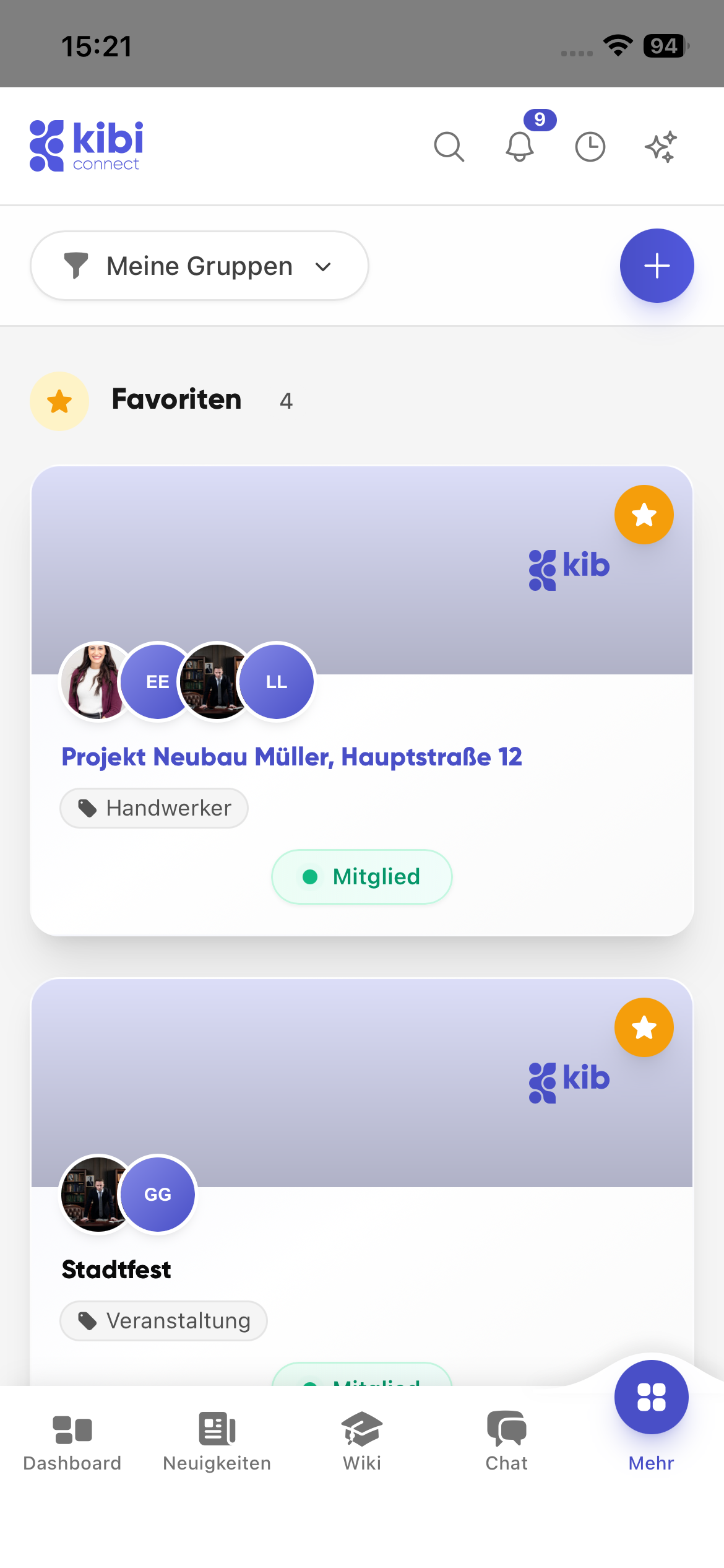 Kibi Connect group overview with favourites, departments and project groups