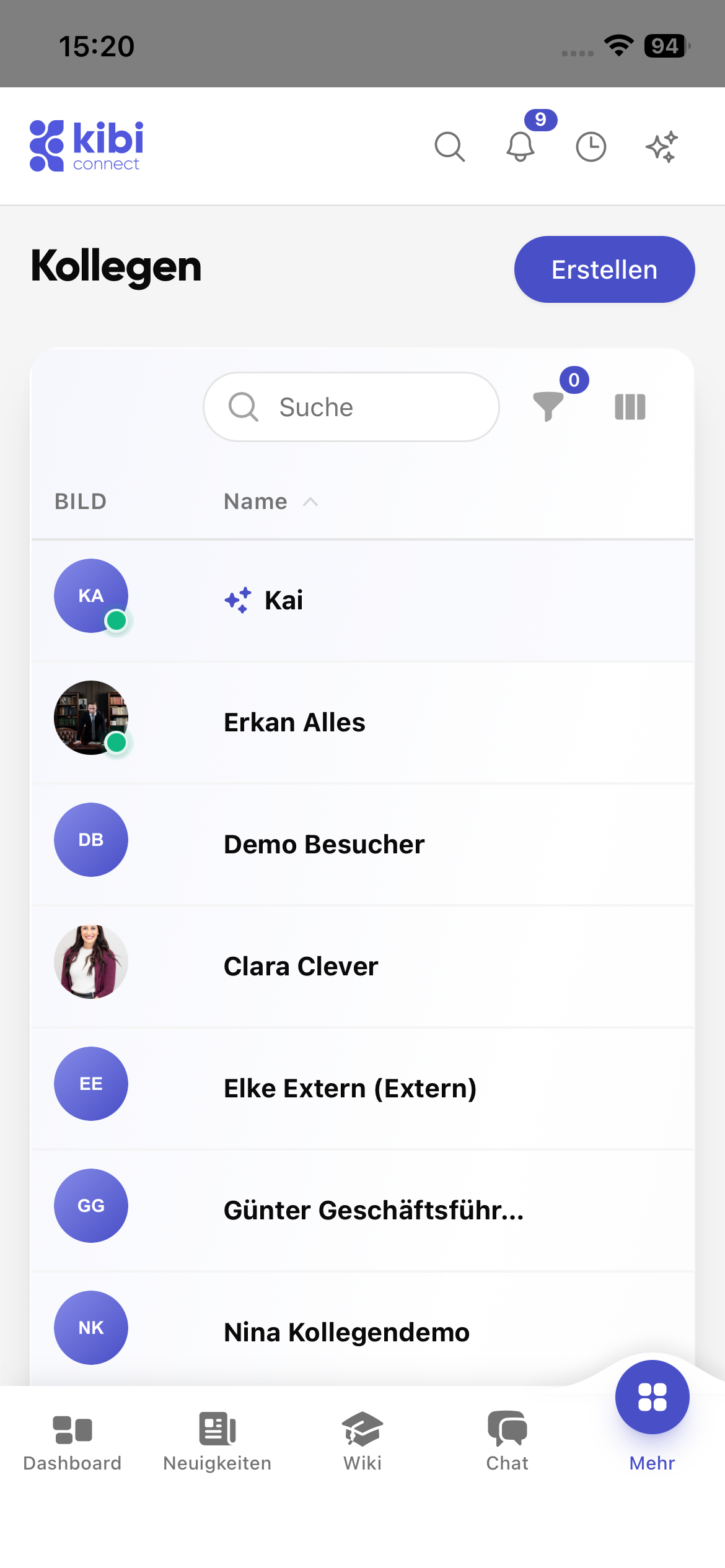 Kibi Connect employee directory with profile pictures and colleague names