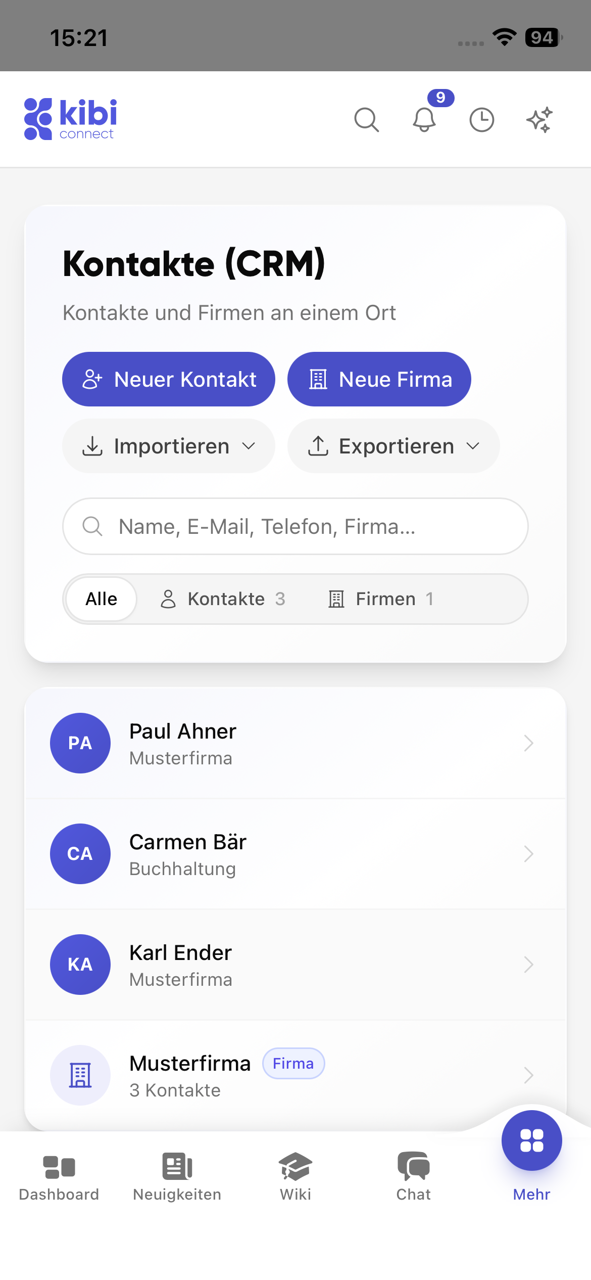 Kibi Connect contacts with customers, suppliers and partners