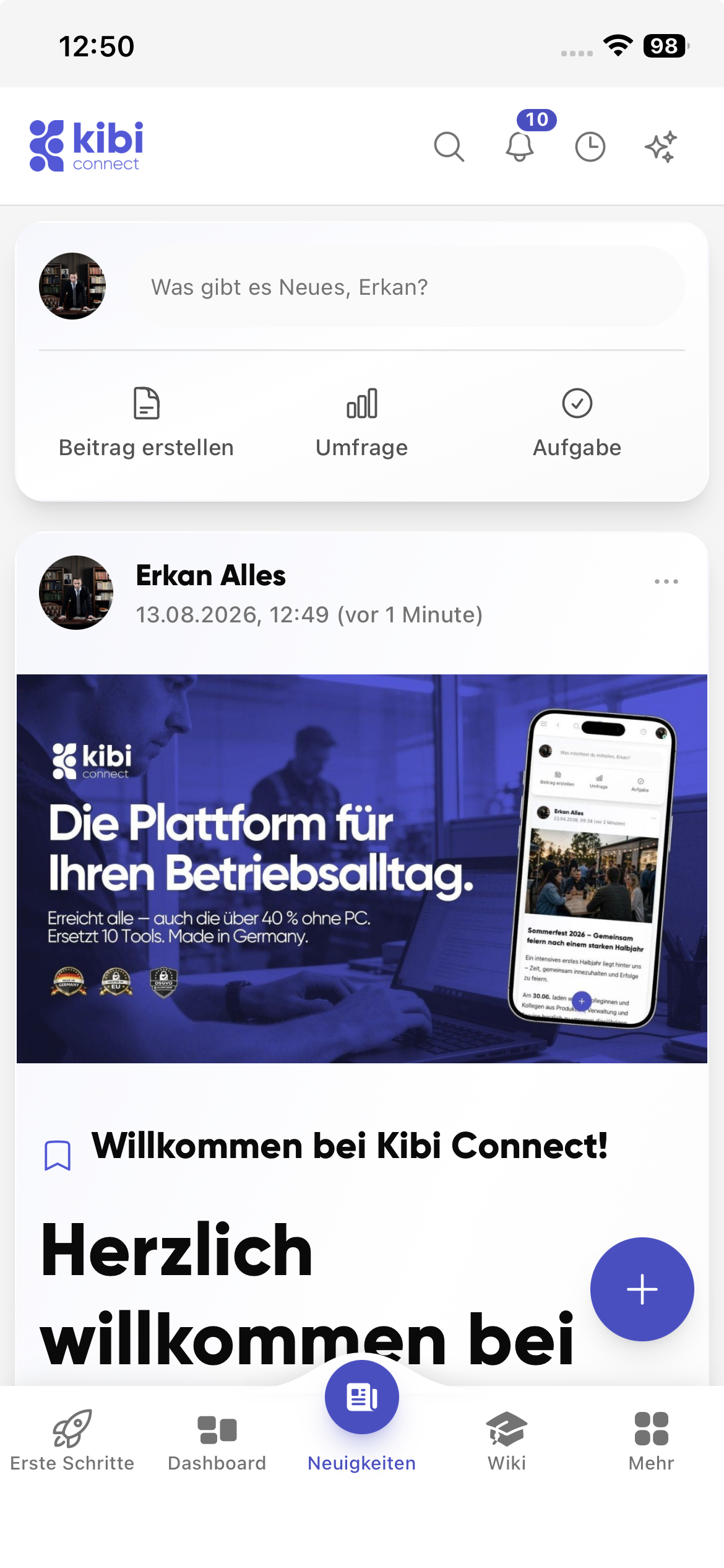 Kibi Connect news feed with company updates
