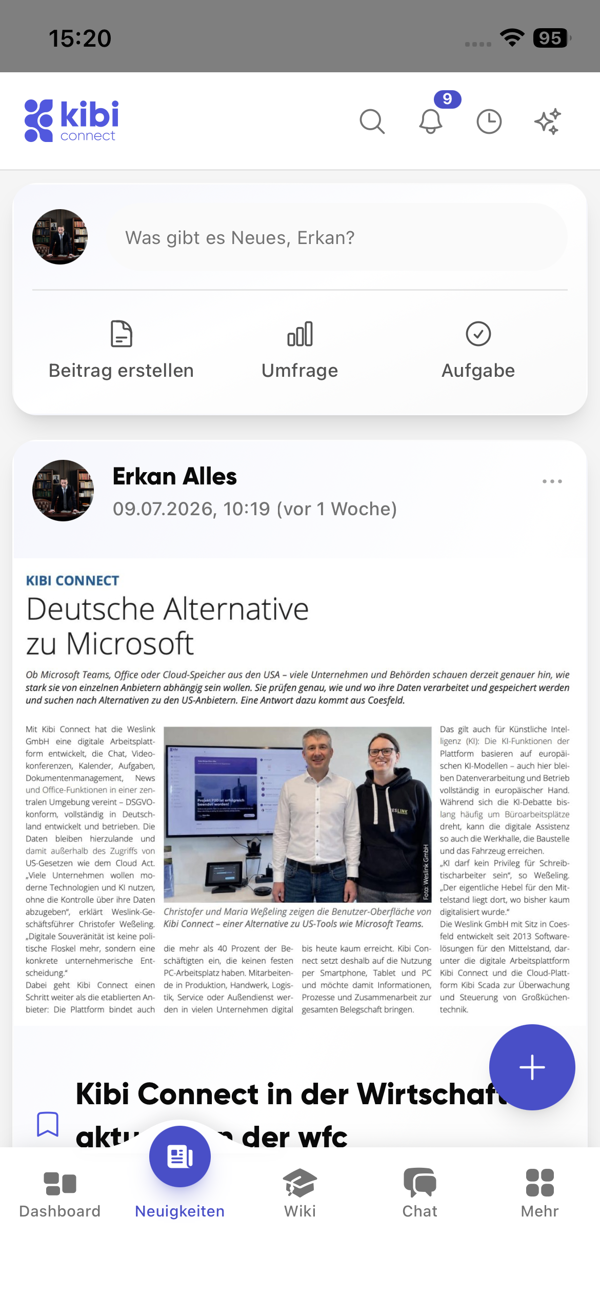 Kibi Connect news feed with company updates