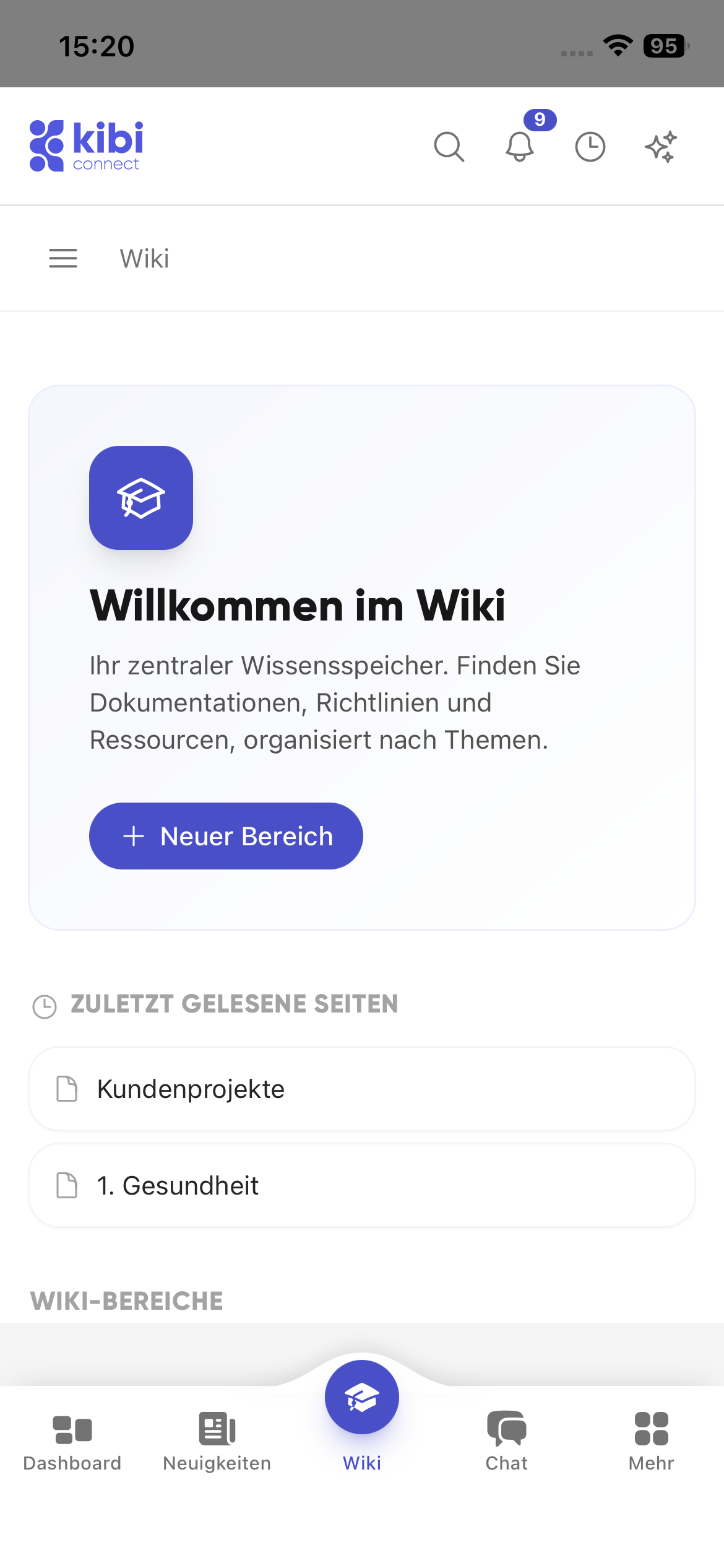 Kibi Connect wiki start page with recently read pages and wiki sections