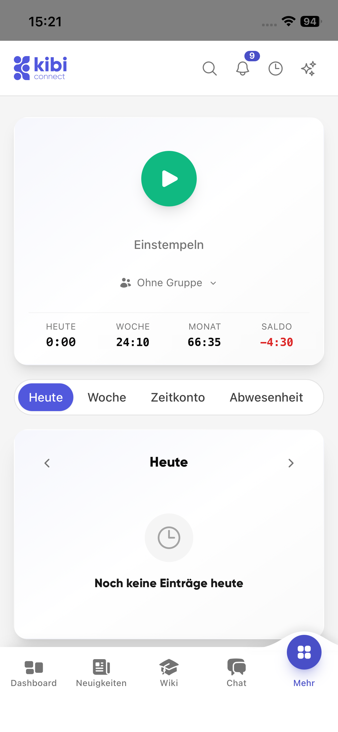 Time tracking start view in Kibi Connect on a smartphone