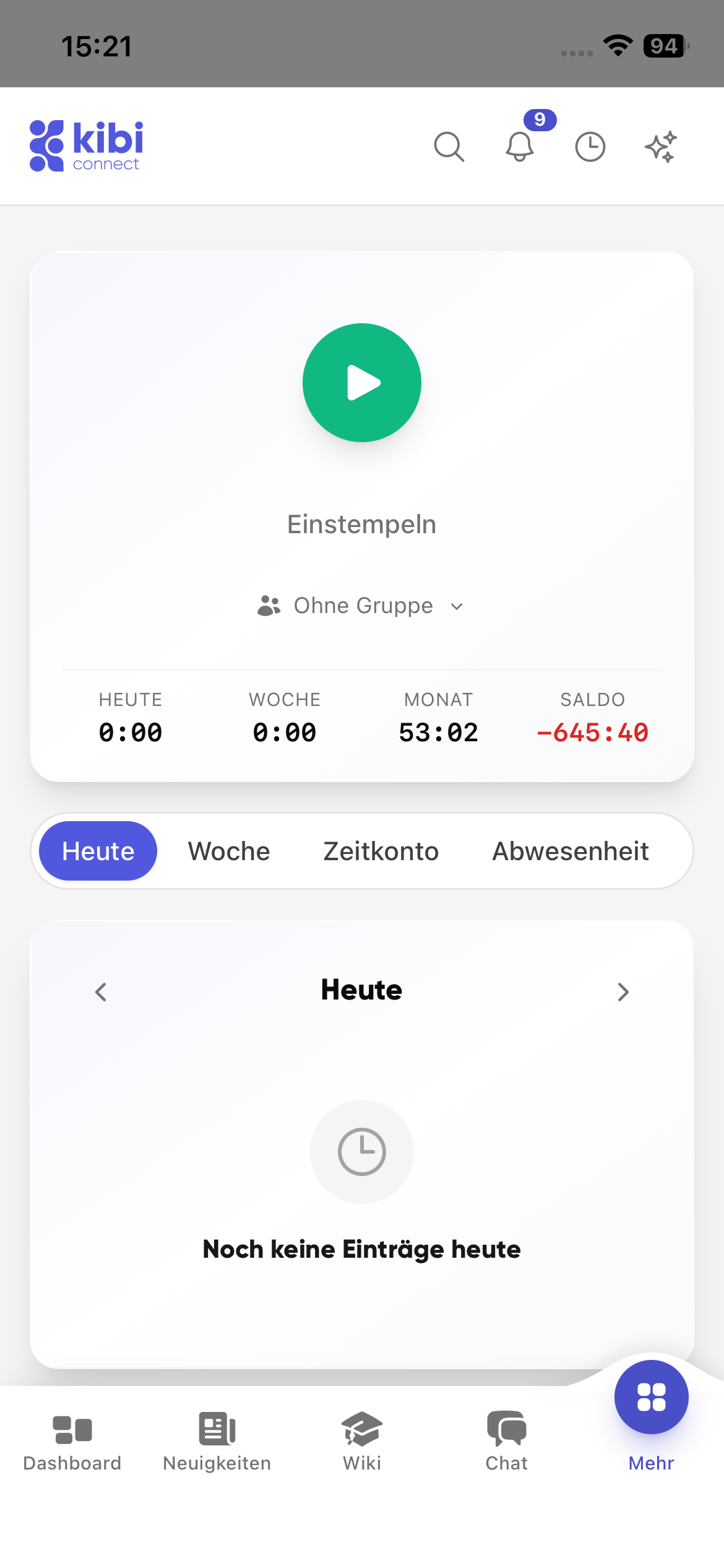 Time tracking start view in Kibi Connect on a smartphone