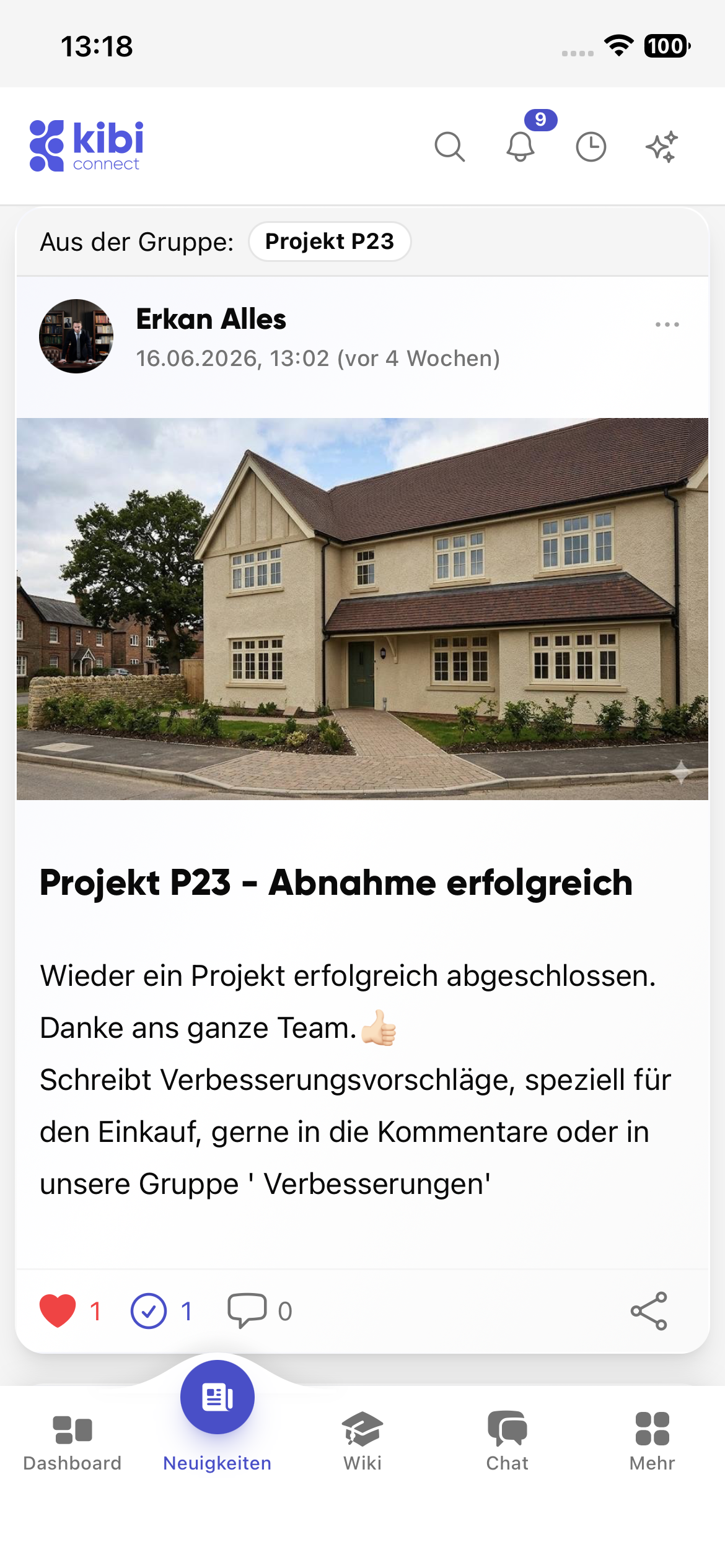 Beitrag im Neuigkeiten-Feed von Kibi Connect mit Likes, Kommentaren und Teilen-Funktion
