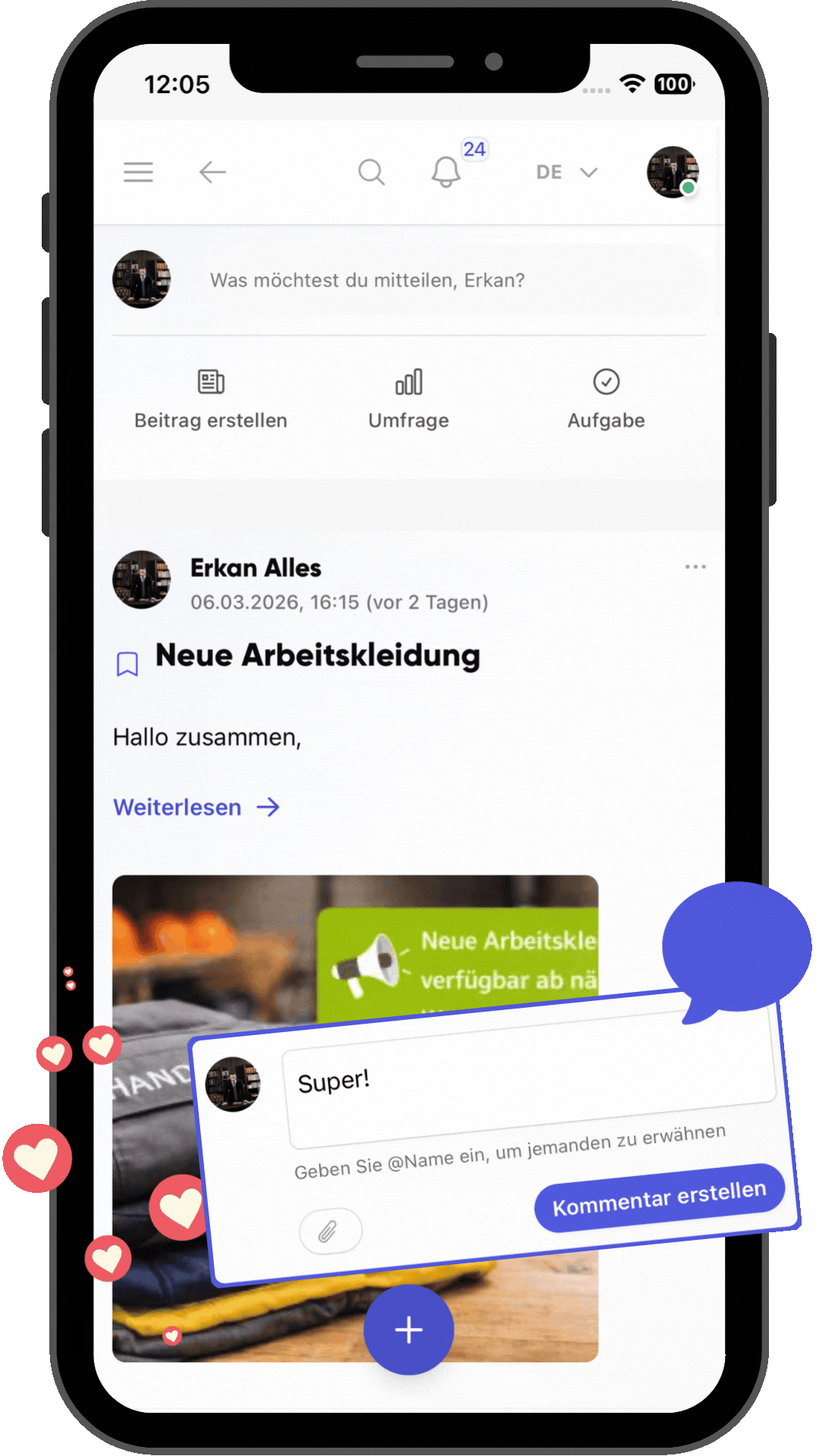 Likes, Kommentare und Reaktionen auf Neuigkeiten in Kibi Connect