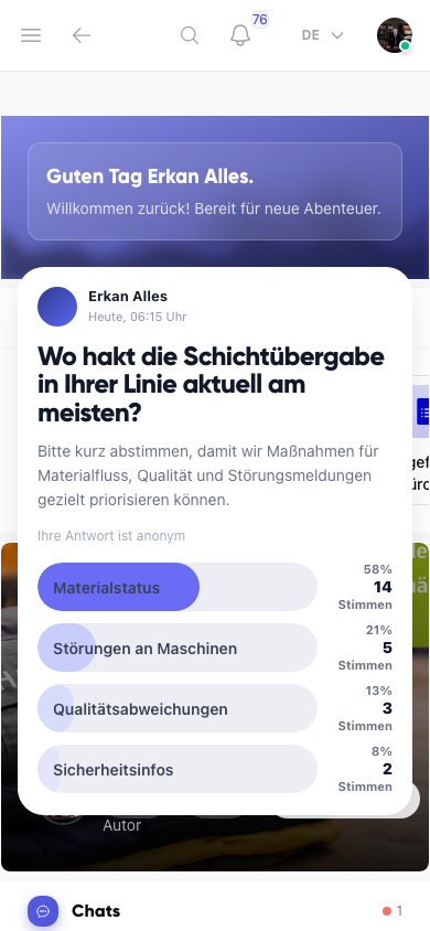 Umfrage und Feedback in Kibi Connect für Produktionsmitarbeitende