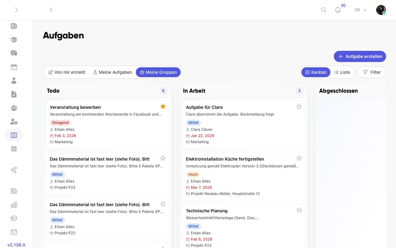 Kanban-Board in Kibi Connect mit Todo, In Arbeit und Abgeschlossen