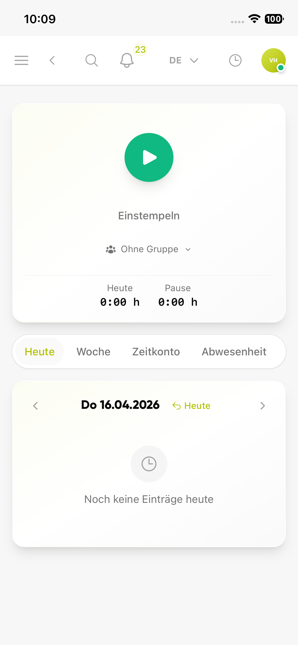 Startansicht der Zeiterfassung in Kibi Connect auf dem Smartphone