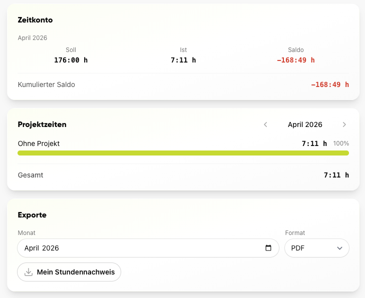 Zeitkonto mit Projektzeiten und PDF-Export in Kibi Connect