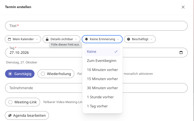 Screenshot: How do I set reminder, visibility, and availability?
