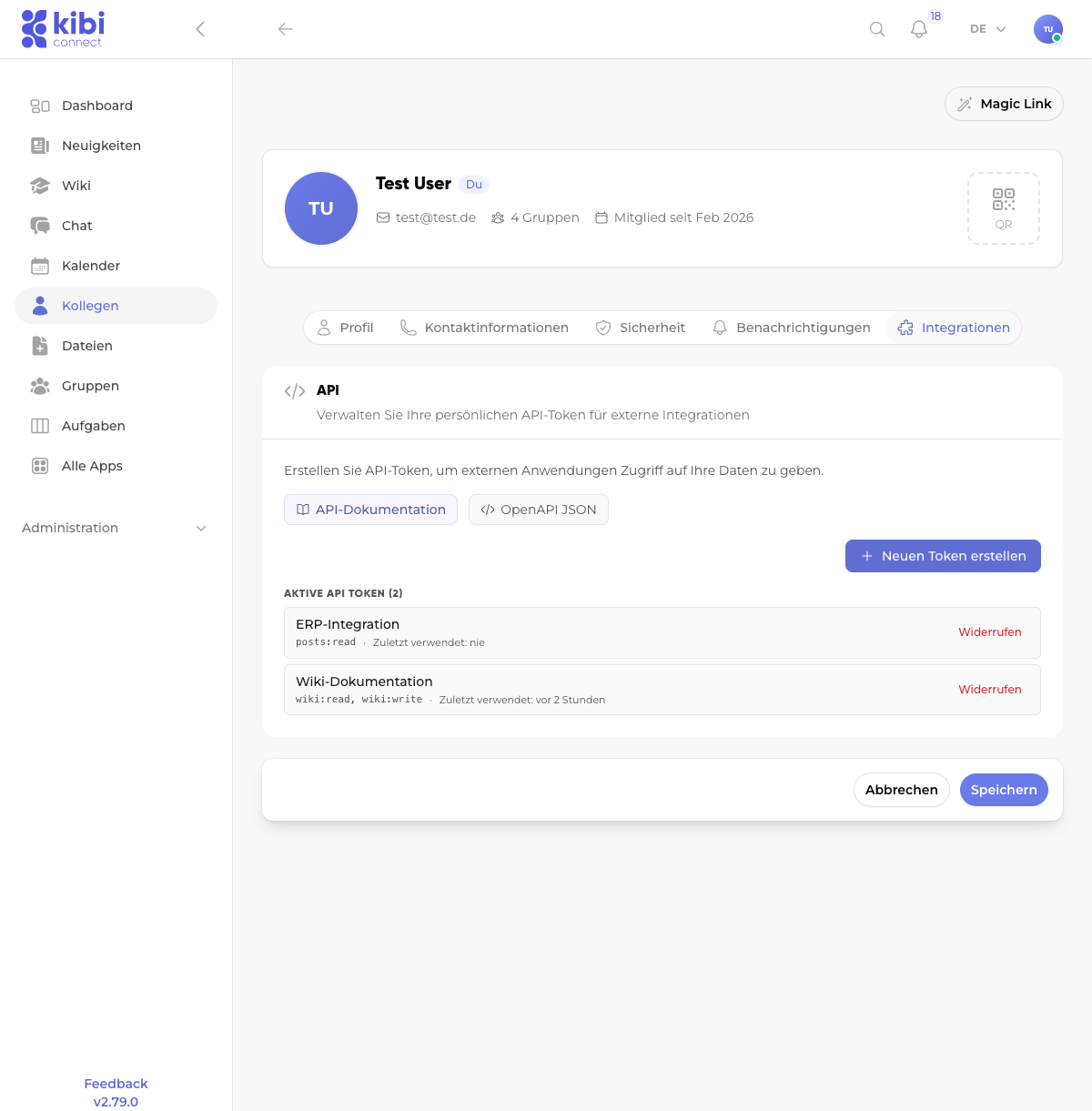 Screenshot: Token overview with active tokens
