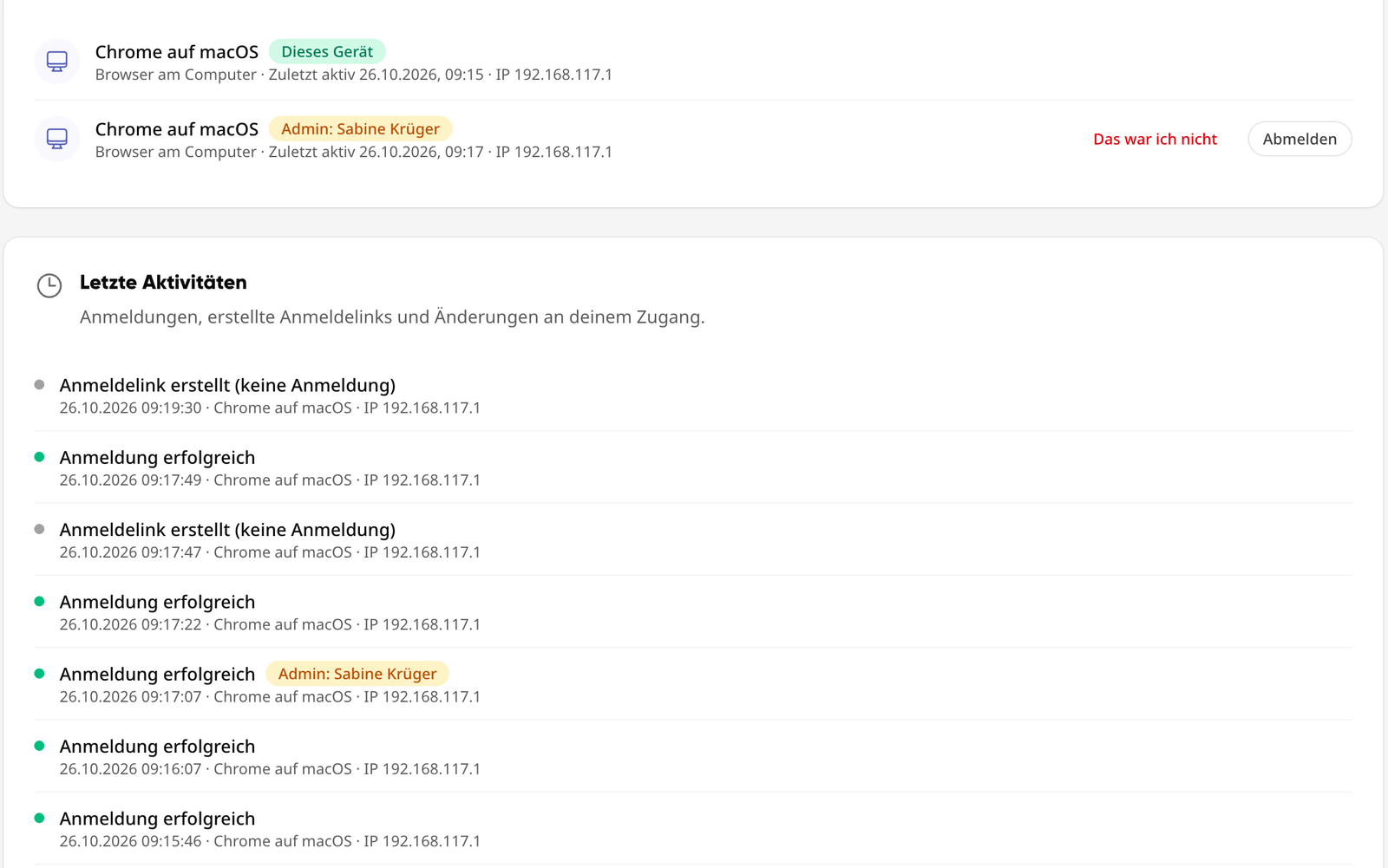 Logged-in devices and Recent activities in the profile
