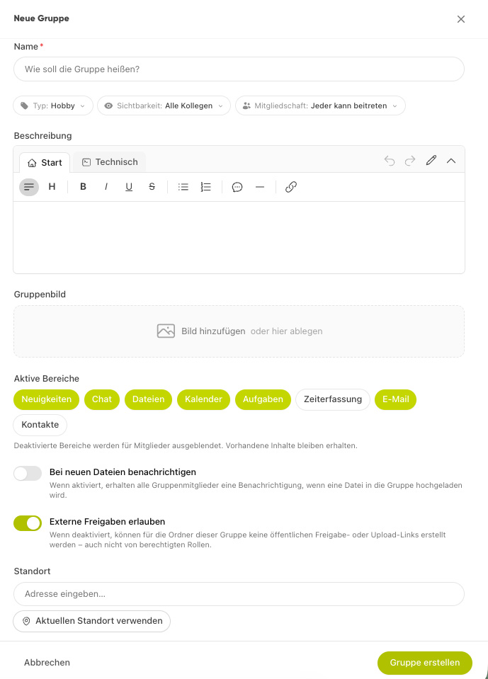Formular &bdquo;Neue Gruppe&ldquo; mit Name, Typ, Beschreibung, aktiven Bereichen und Schaltfl&auml;che &bdquo;Gruppe erstellen&ldquo;