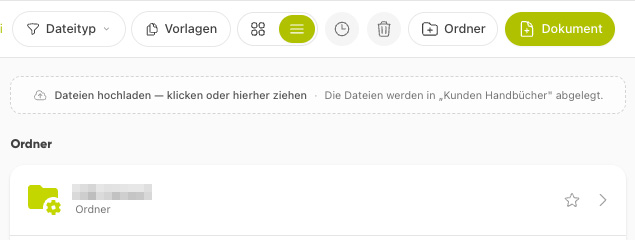 Bestandengebied met werkbalk, uploadzone „Bestanden uploaden“ en maplijst