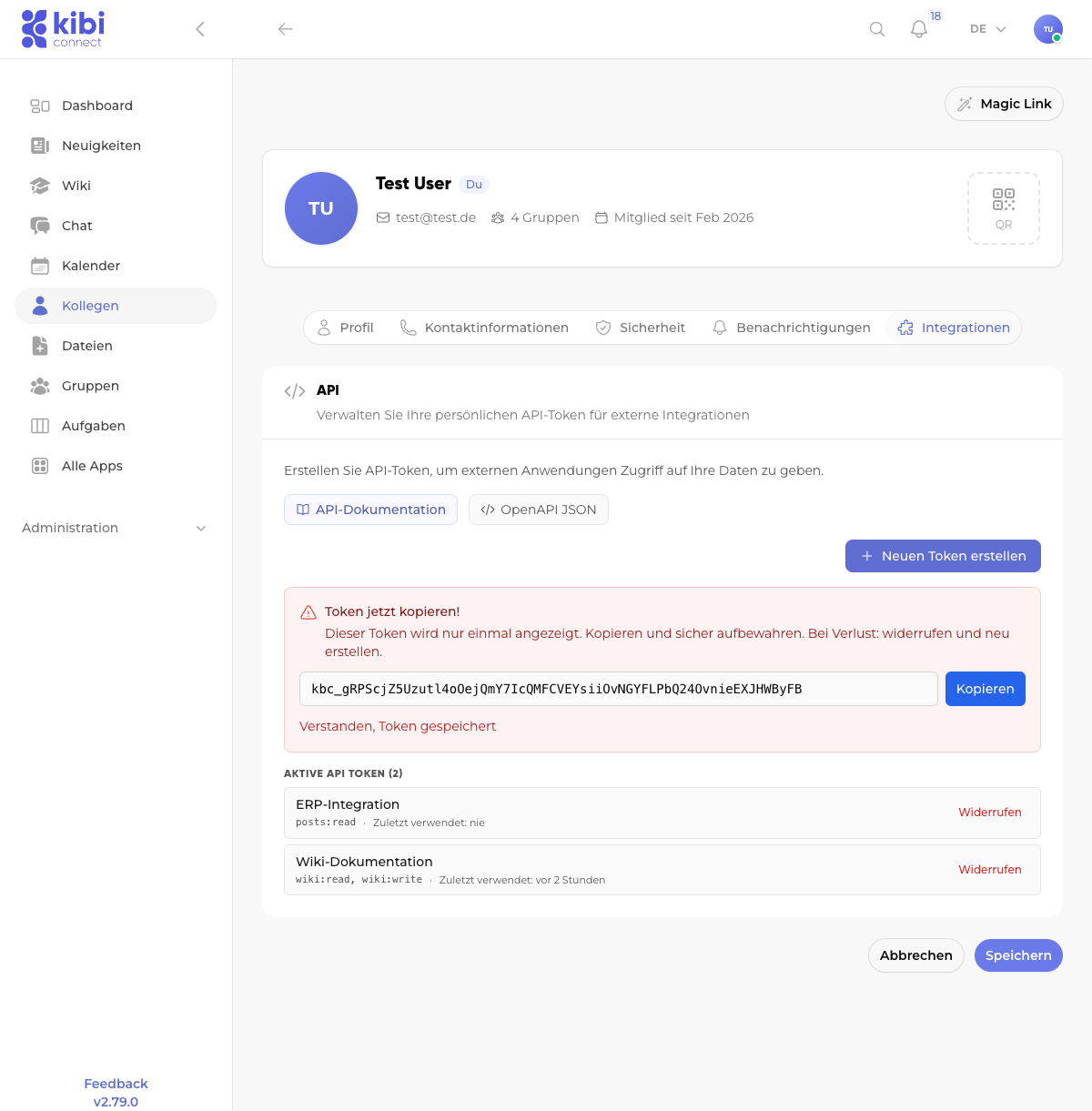 Screenshot: Token after creation—visible only once