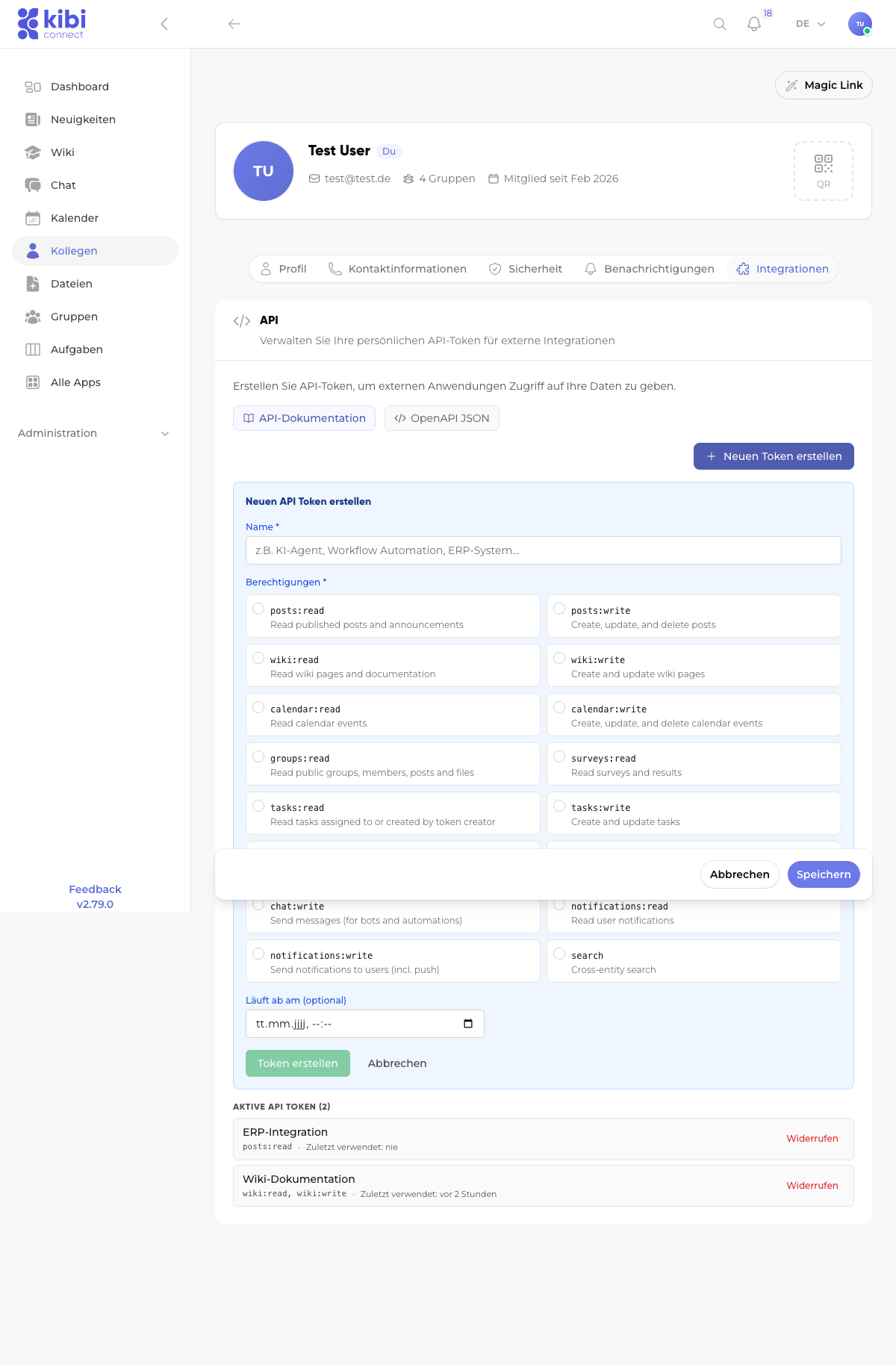 Screenshot: Token creation form with scopes