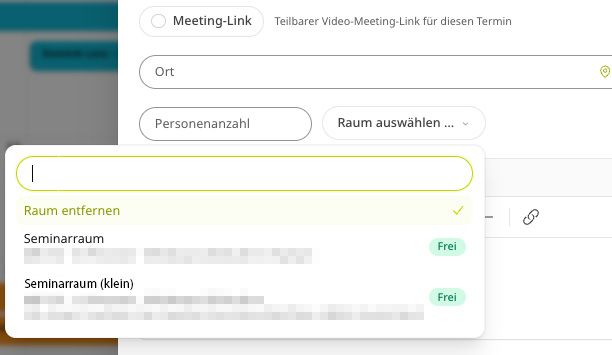 Termin-Formular mit ge&ouml;ffneter Raumauswahl: Seminarr&auml;ume mit Status &bdquo;Frei&ldquo;