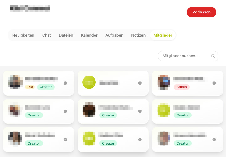 Groepspagina, tabblad „Leden“ met ledencaartjes en rollabels zoals „Maker“, „Beheerder“ en „Gast“