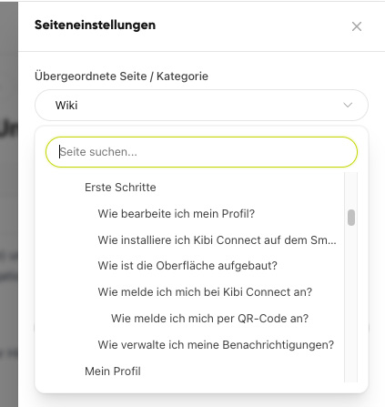 Dialog &bdquo;Seiteneinstellungen&ldquo; mit Auswahl der &uuml;bergeordneten Seite und durchsuchbarer Seitenliste