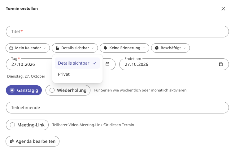 Screenshot: How do I set reminder, visibility, and availability?