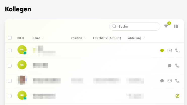 Kollegenverzeichnis als Tabelle mit Suchfeld, Filter und Spalten wie Name, Position und Abteilung