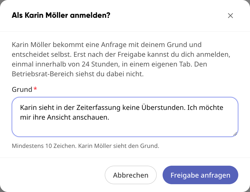 Dialog „Log in as Karin Müller?“ with reason