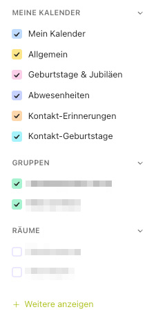 Kalender-Seitenleiste mit Abschnitten &bdquo;Meine Kalender&ldquo;, &bdquo;Gruppen&ldquo; und &bdquo;R&auml;ume&ldquo; samt Auswahlk&auml;stchen