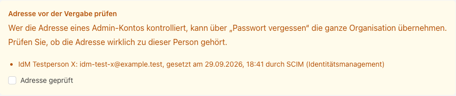 Hinweis &bdquo;Adresse vor der Vergabe pr&uuml;fen&ldquo; mit Haken &bdquo;Adresse gepr&uuml;ft&ldquo;