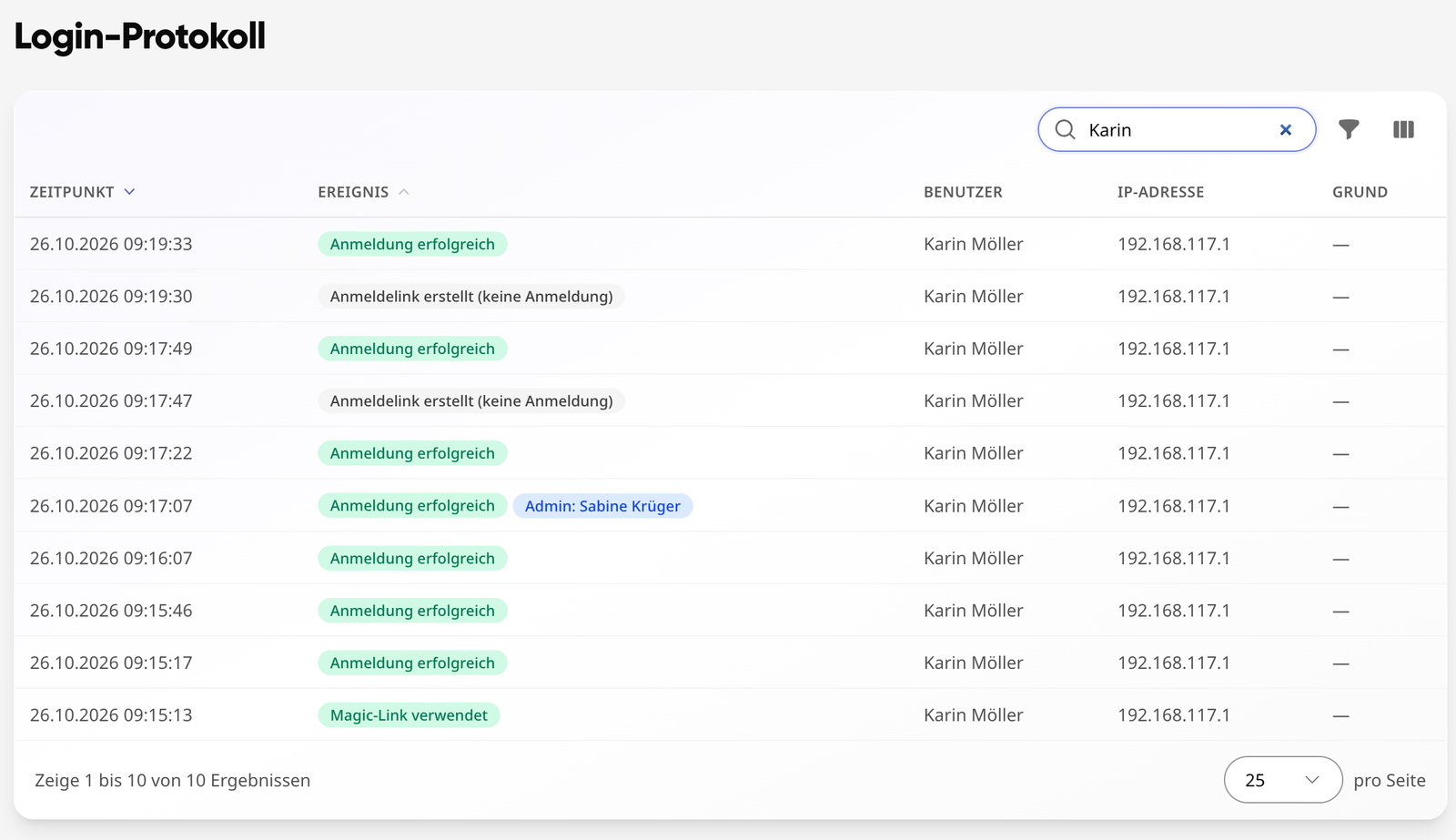 Login log with the entry „Admin: Sabine Krüger“