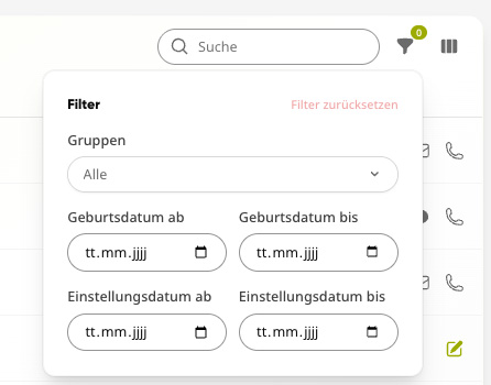 Filtervenster in het collega-overzicht met groepen en geboortedatum en indiensttredingsdatum van/tot