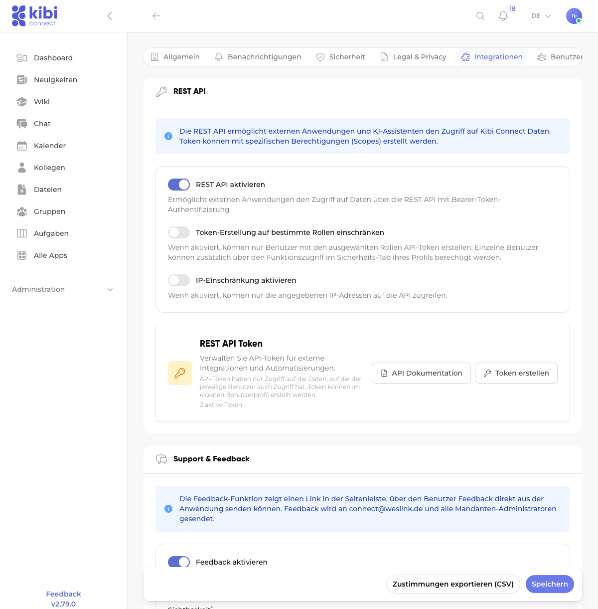 Screenshot: API settings under Integrations