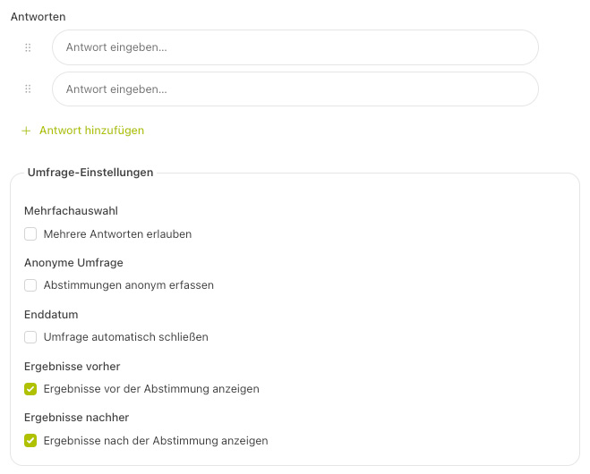 Enquêteformulier met antwoordvelden en enquête-instellingen voor meervoudige keuze, anonimiteit, einddatum, resultaten