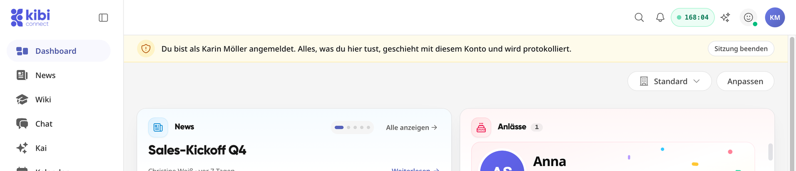 Session tab with the notice „You are logged in as …“